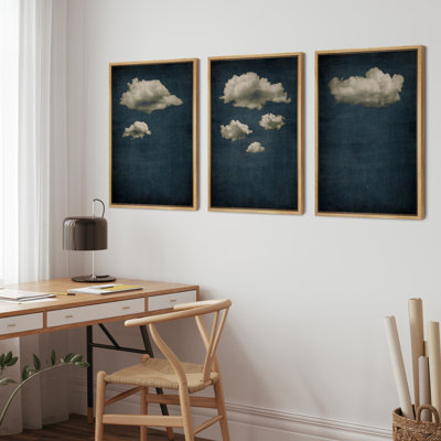 Clouds " Dark Navy Blue Duotone Clouds Abstract Landscapes Minimalist " 3 - Pieces