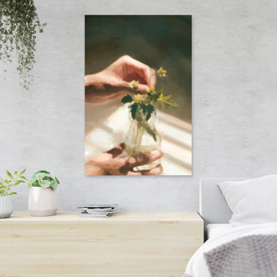 Person's Hands Holding White Daisy Flower'S Leaf A Person''s Hands Holding White Daisy Flower''s Leaf And Clear Glass Vase - 1 Piece Rectangle Graphic -  Red Barrel StudioÂ®, 32DD274D463847FCBDEEF29A24FFCF5B