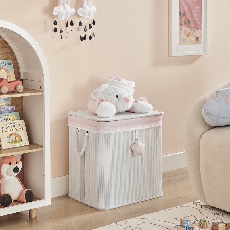 Pink/Cream Collapsible Folding Woven Kids Plush Laundry Hamper Toy Storage With Liner And Handles - Sleepy Teddy Bear