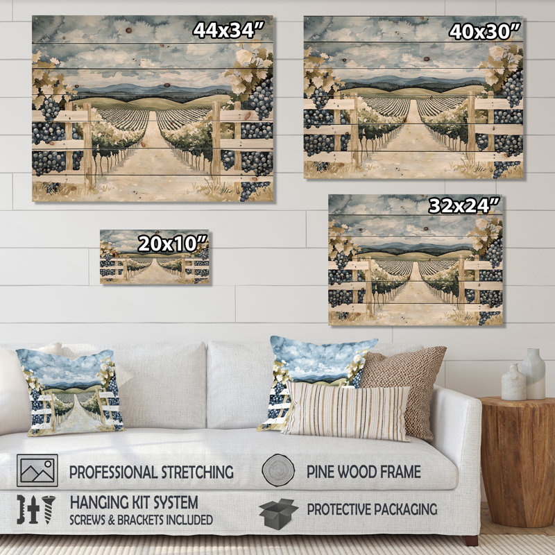 Italian Vineyard Landscape II - Décoration murale traditionnelle en bois sur bois de pin naturel, H 30 po x l 40 po