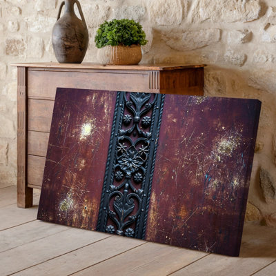 Canvas A Richly Textured Vertical Surface Resembling An Ornate Door Featuring Wall Art Intricate Black Metal Scrollwork And Floral Canvas Wall Art