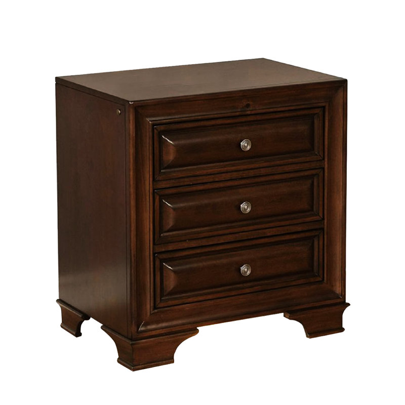 Table de chevet à 3 tiroirs en cerisier brun et puissance, conception en bois incrusté, veilleuse, solide pour chambre à coucher avec tiroirs, ports, prise de courant, incrustation, anglais
