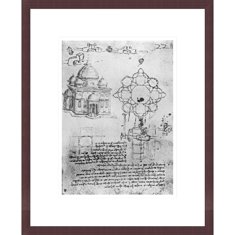 Design for a church fol. 4r (pen &amp; ink on paper) by Leonardo da Vinci -Framed Giclee Print, H 16,75 po x l 13,69 po