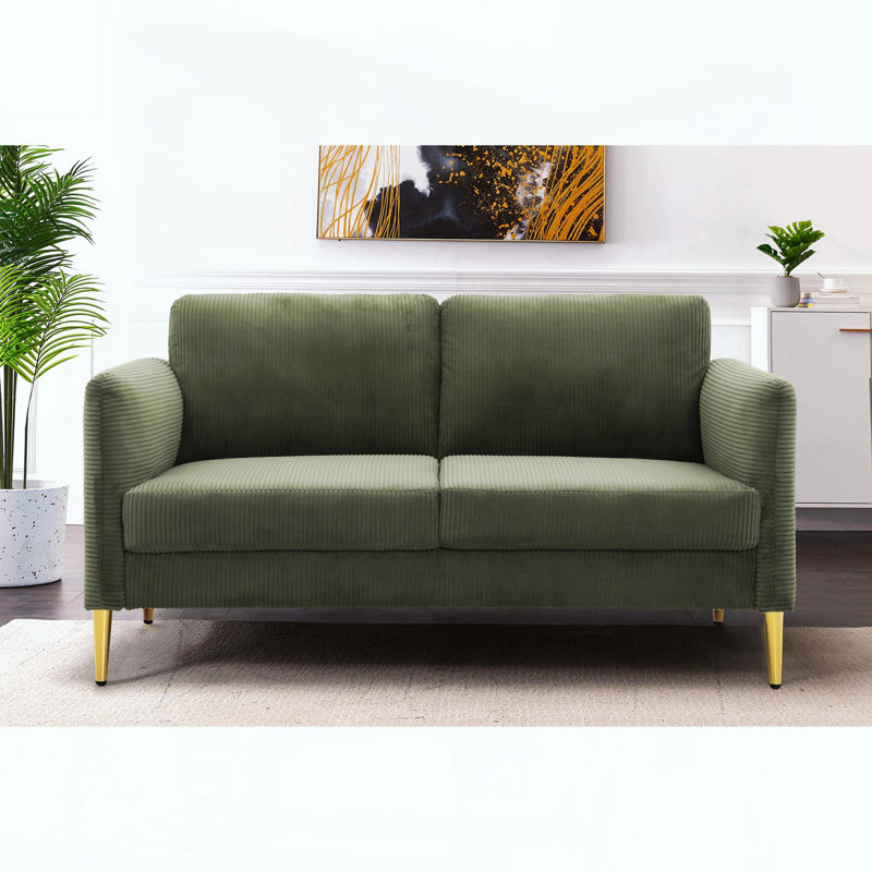 Causeuse compacte Mid-Century avec coussins en velours côtelé moelleux et structure en bois massif, Green Polyester