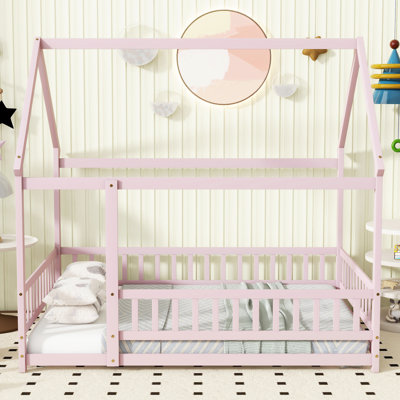 House Floor Wooden Bed with Roof Frame, Safety Guardrails