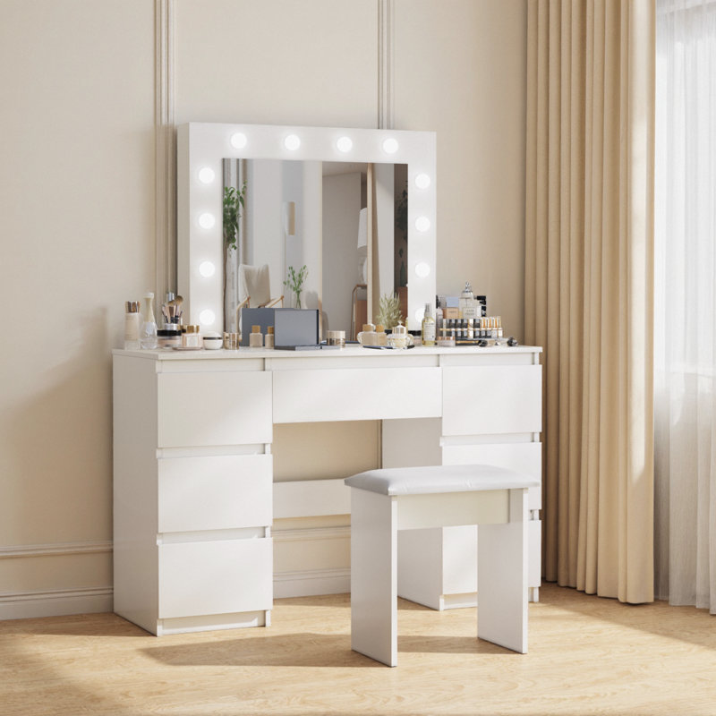 41" Large White Vanity – 12-Bulb 3-Color Hollywood Mirror, Extra-Deep 4 Drawers, Poplar Core, Matte-Melamine Finish, Modern Studio Statement
