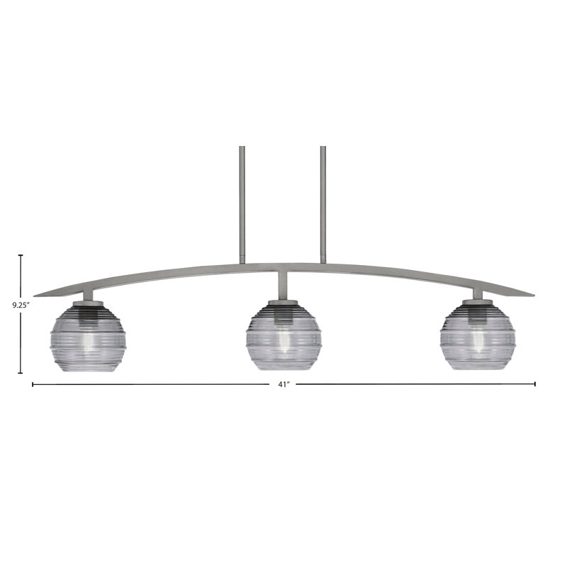 Luminaire pour îlot de cuisine 3 lumières Kurve, fini graphite avec verre nervuré de 6 po, Noir / transparent