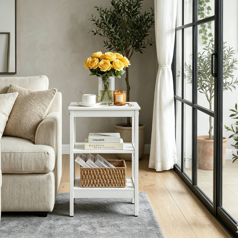 Table de chevet haute en forme de X Alonso avec tablette ouverte et 3 niveaux de rangement pour chambre ou salon, Blanc