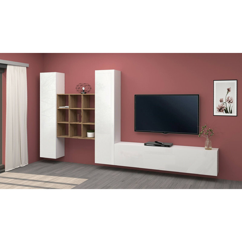 Mikesha Entertainment Centre for TVs up to 75", Glossy White/Maple