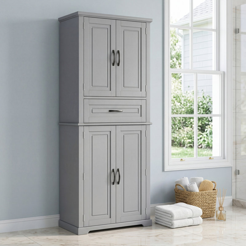 Gray Multi-Functional Bathroom Storage Cabinet With Smooth-Slide Drawers And Adjustable Shelves. Large Capacity, Sturdy, Practical, And Versatile.
