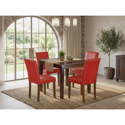 Ensemble de table de salle à manger moderne 5 pièces comprenant une table carrée en bois et 4 chaises de salle à manger Parson en similicuir rouge Firebrick, acajou
