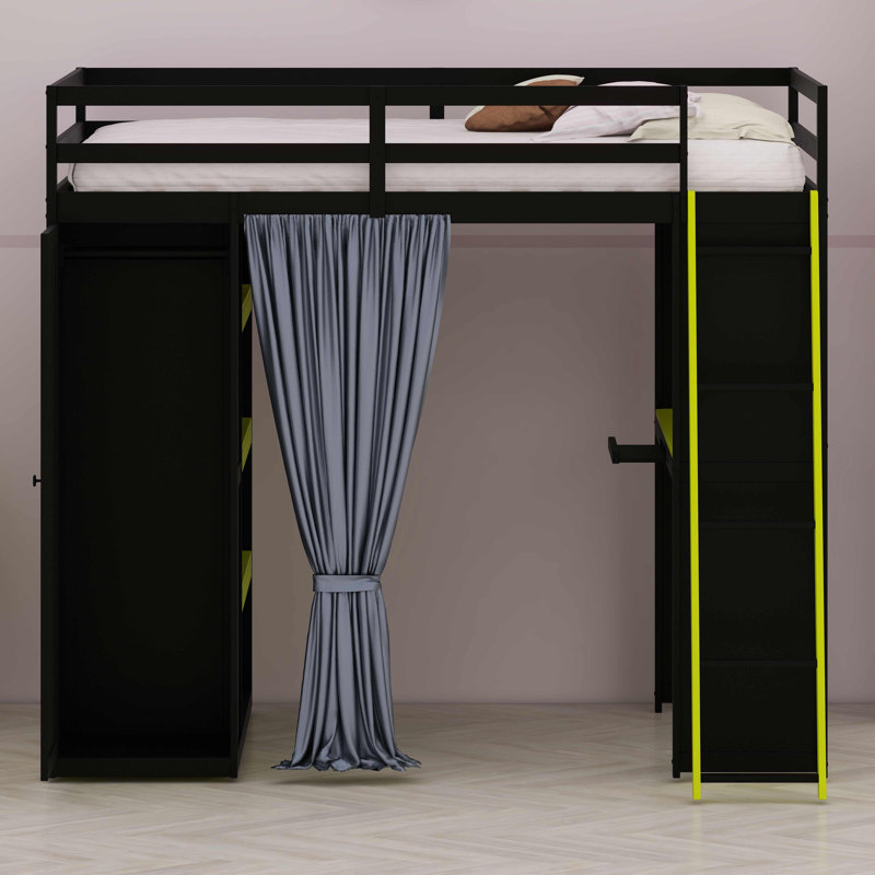 Lit-couchette polyvalent avec rangement intégré, rideaux suspendus et lumières RVB colorées, Black+Green
