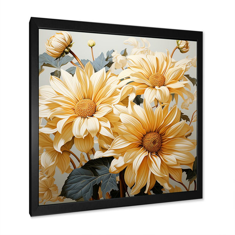 Tournesols gris et jaunes doux - impression, Cadre simple noir, H 16 po x l 16 po x P 1 po