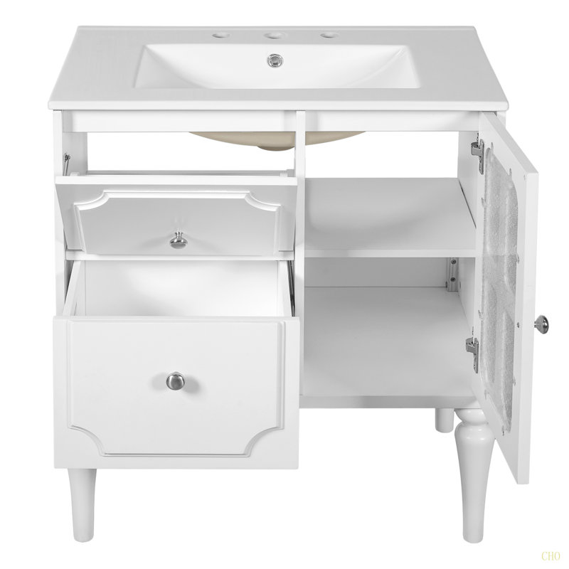 Meuble-lavabo de salle de bain de style rétro avec lavabo en céramique 30 po, meuble-lavabo simple autoportant avec 2 tiroirs, armoire de rangement en bois massif