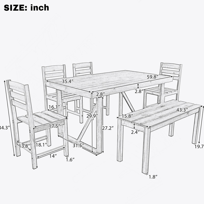 Acacia Wood Outdoor Dining Set (1 Table + 1 Bench + 4 Chairs) For Patio, Balcony, Backyard, Natural Wood