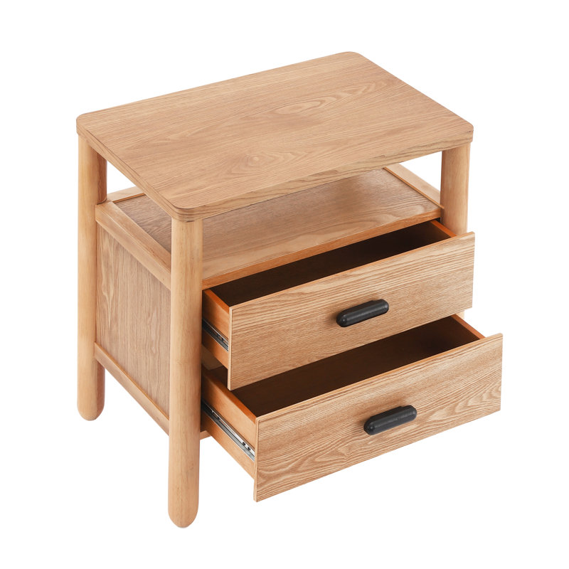 Table de chevet moderne à 2 tiroirs Lane avec tablette ouverte et pieds arrondis en bois, Naturel