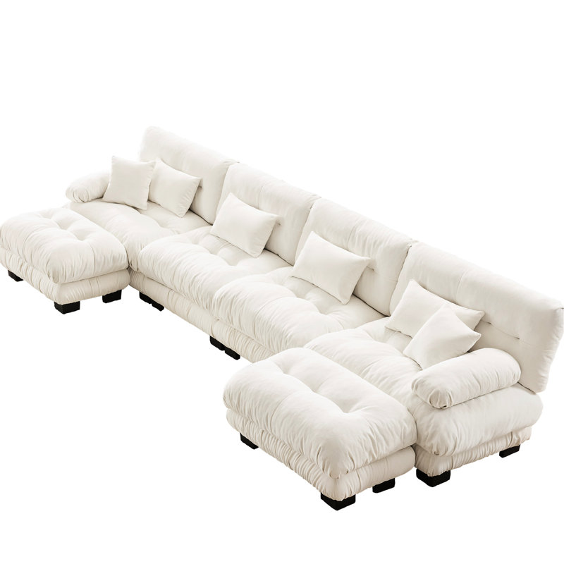 Salon en forme de U - 4 en chenille douce blanche avec 2 repose-pieds pour la maison