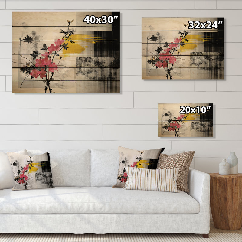 Art asiatique Sumi Blossom III sur bois, H 10 po x l 20 po x P 0,78 po