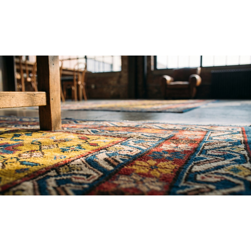 Small Tribal Geometric Antique Yellow Gold Color Caucasian Seychour Wool Pile Rug