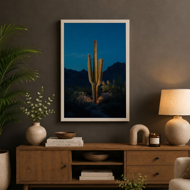Desert Sentinel Minimalist - Wrapped Canvas, 36x24 - 91.4 x 61.0 cm, Teal Border