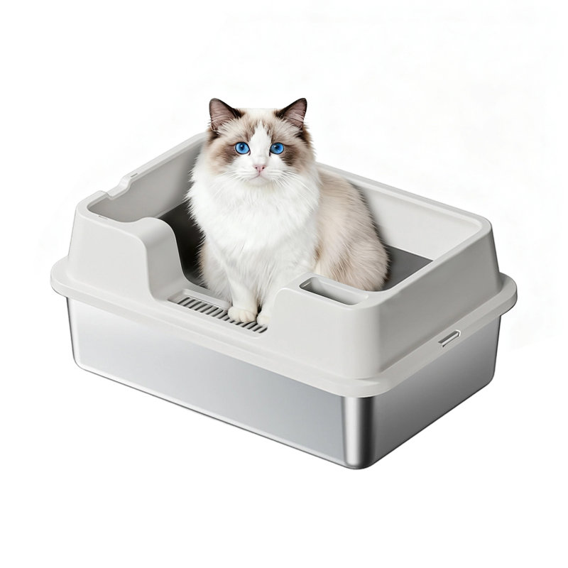 Bac à litière pour chat en acier inoxydable, grande capacité, étanche avec rebord élevé, facile à nettoyer, Blanc
