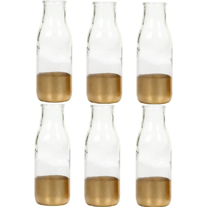 Hosley Set of 6 Pcs, Large Glass Vase for Flowers, Clear and Gold Vases in Bulk, Vintage Vases for Centrepieces, 6.75 Inch Glass Vase for Rustic Wedding Decorations, Spa