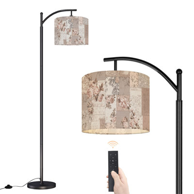 Arc Floor Lamp with Adjustable Lampshade Vintage Floral Patchwork Standing Lamp 3 Color Temperatures Dimmable Tall Pole Lamp with Foot Switch for Bedroom