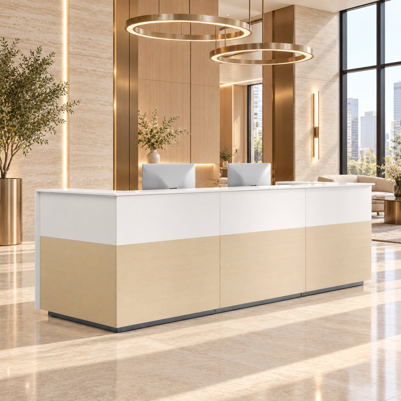 Modern 125.98-Inch Reception Desk, Two-Station Front Counter with Four Storage Cabinets, Warm White and Golden Oak Finish for Office Lobby, Salon or Retail Store