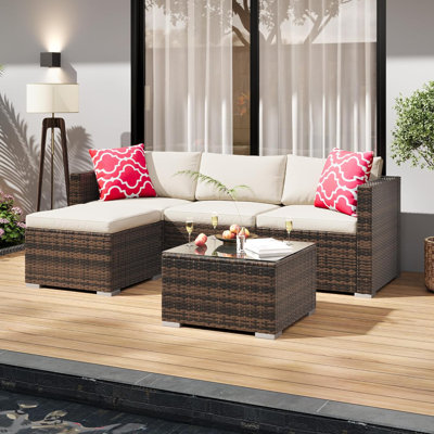 Ensemble de mobilier d'extérieur pour patio, ensemble de conversation en rotin 5 pièces avec table basse en verre et coussin, canapé d'extérieur pour jardin, bord de piscine, cour