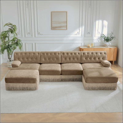 Canapé modulaire à 4 places avec 2 repose-pieds modulaires en nuage, jupe à pampilles, conception capitonnée, mousse haute résilience à haute densité, conception ergonomique, base en bois de qualité supérieure, pour chambre à coucher