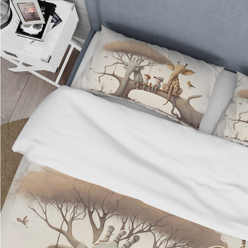 Girafe et éléphant avec enfants - Ensemble de housse de couette animaux - Microfibre de polyester