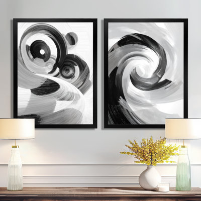 Encre blanche et noire en spirale - ensemble de 2 spirales abstraites pour salon