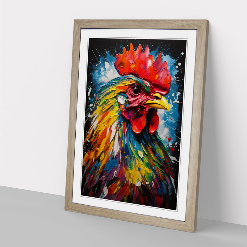 Rooster Action Painting No.2 - Single Picture Frame Print on Wood, 46cm H x 34cm W x 2cm D, Oak
