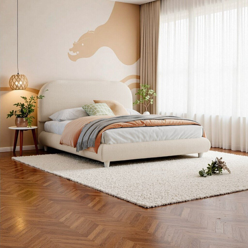 Lit plateforme tapissier pleine grandeur Teddy, Beige