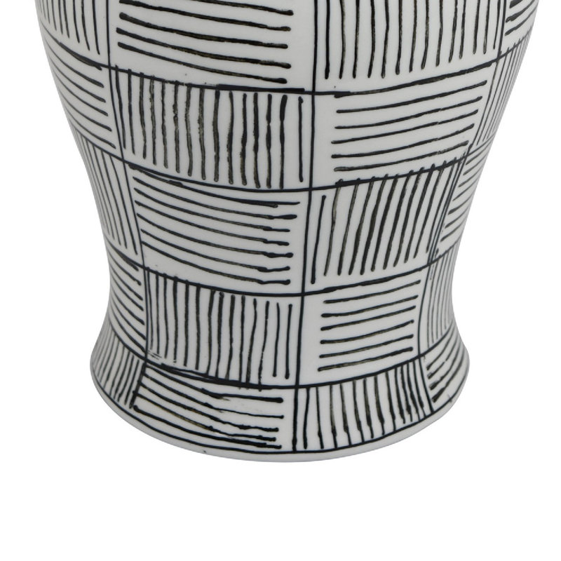 Loi Temple Jar with Lid, Black White Grid Pattern Ceramic, 17 Inch Decor
