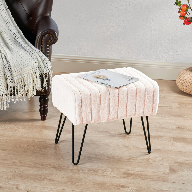 Defranco Upholstered Ottoman, Antique White Faux Fur
