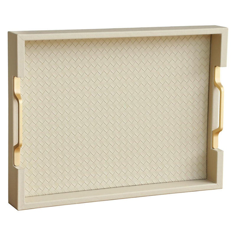 Faux Leather Rectangle Serving Tray Decor Platter with Gold Metal Handles