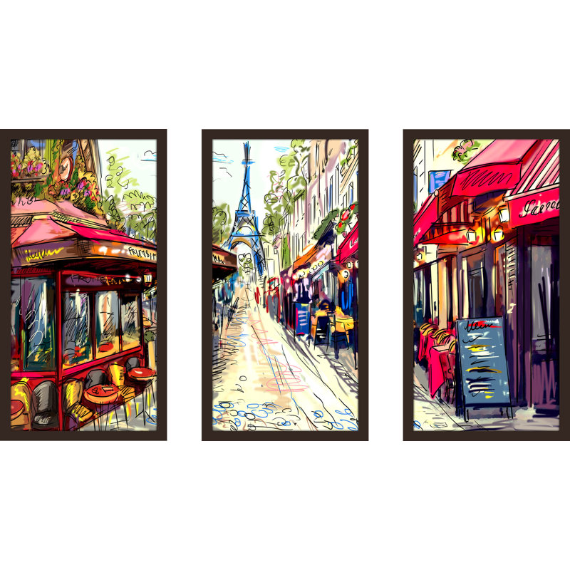 « paris par jour », ensemble de 3 reproductions d’art encadrées, H 33,5 po x l 52,5 po x P 1 po