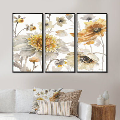 «Fields of Gold Watercolor Flower VI», ensemble d'art mural sur toile encadré traditionnel de 3