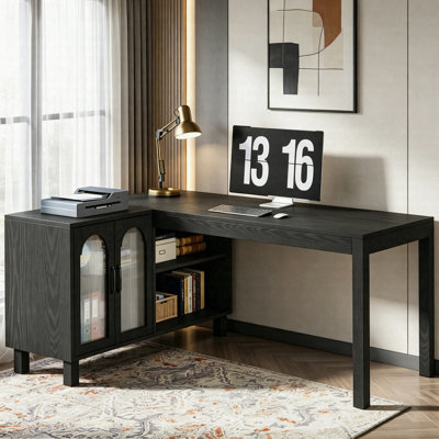 Bureau de direction en L 59 po, bureau d'ordinateur en coin avec armoire de rangement et tablettes pour bureau personnel