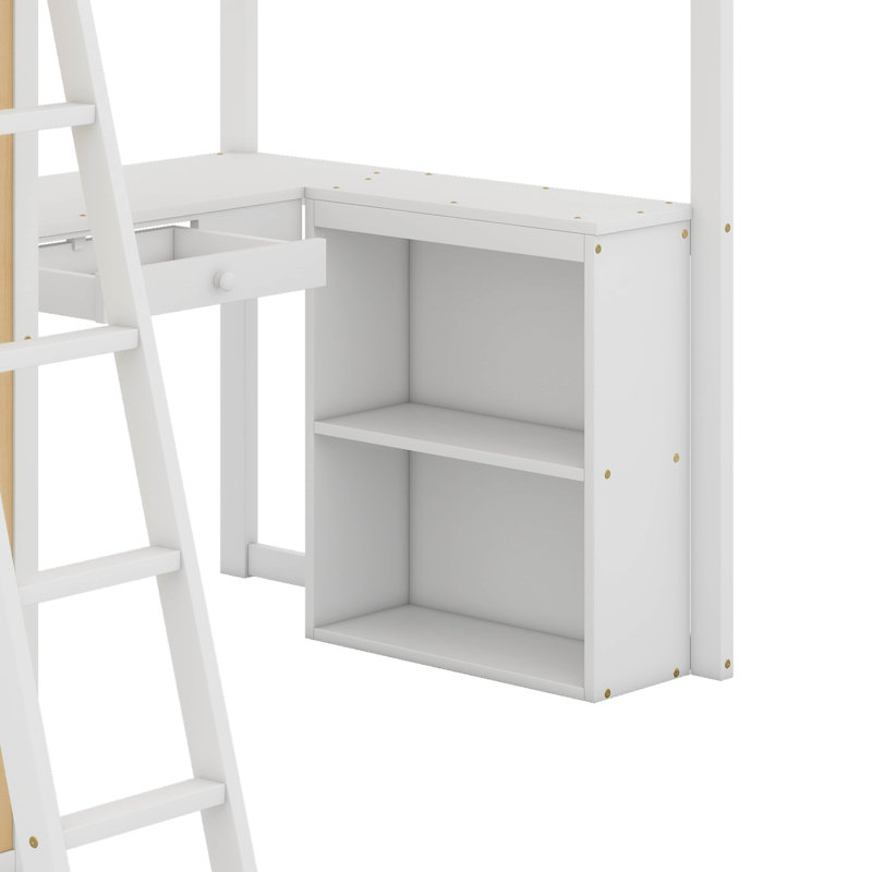 Lit mezzanine simple avec échelle, tablettes et bureau