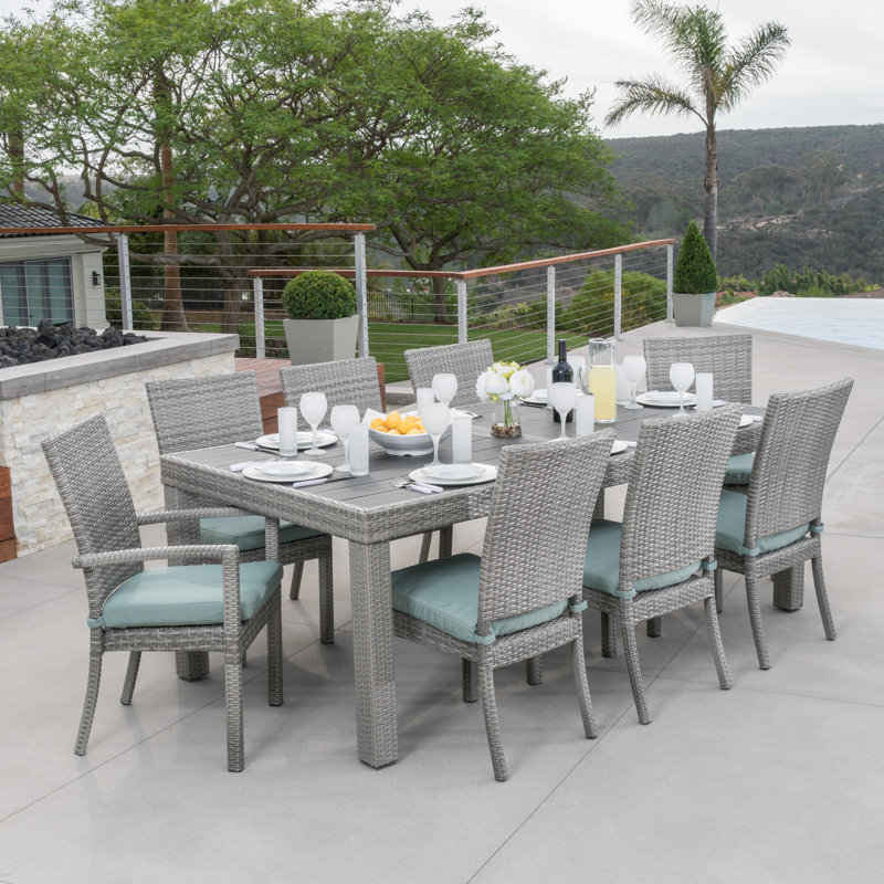 Ensemble repas rectangulaire pour 8 personnes avec coussins Sunbrella Fionnula, Cadre gris/coussin bleu spa