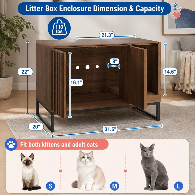 Intégrez discrètement un espace toilette pour chat dans votre pièce grâce à ce meuble moderne en noyer abritant un bac à litière, qui combine un griffoir et une fonction meuble pouvant servir de table d'appoint ou de banc d'entrée pour le salon.