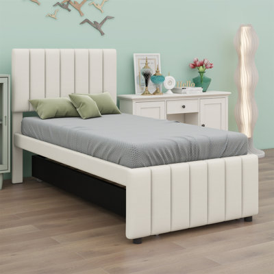 Lit simple avec lit gigogne escamotable et 3 tiroirs de rangement en dessous, lit plateforme simple tapissier en lin