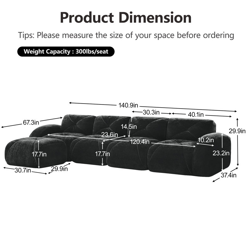 Ensemble de canapé en forme de L à compression de 140 pouces, canapé modulaire moderne à quatre places avec repose-pieds, canapé rembourré pour le salon ou la chambre à coucher, aucun assemblage requis.