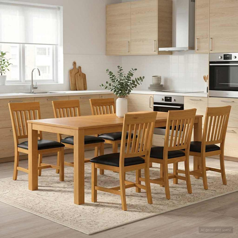 Oak Solid Wood Dining Set, 75cm H x 200cm W x 100cm D, 7