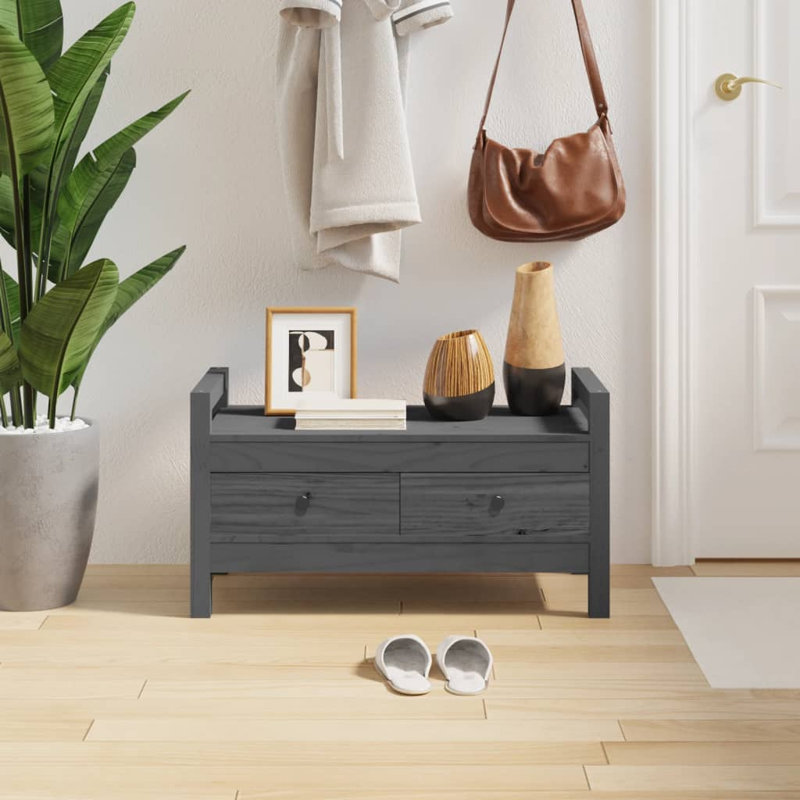 Karmia Upholstered Bench with Drawers, Grey, Solid wood