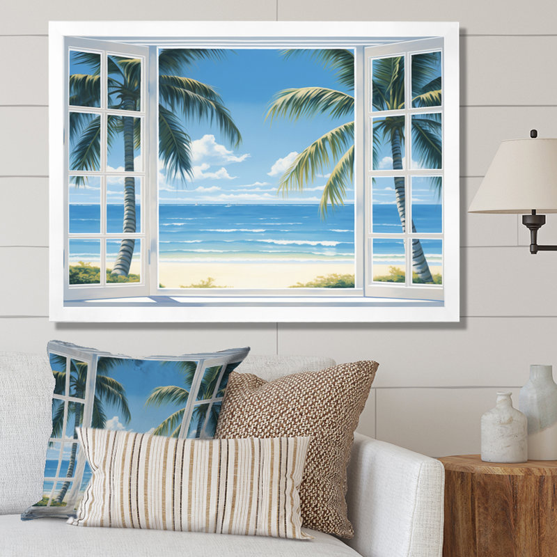 Vue sur l'océan par une fenêtre blanche ouverte I - art sur toile côtier, H 30 po x l 40 po x P 1,5 po, Cadre photo blanc
