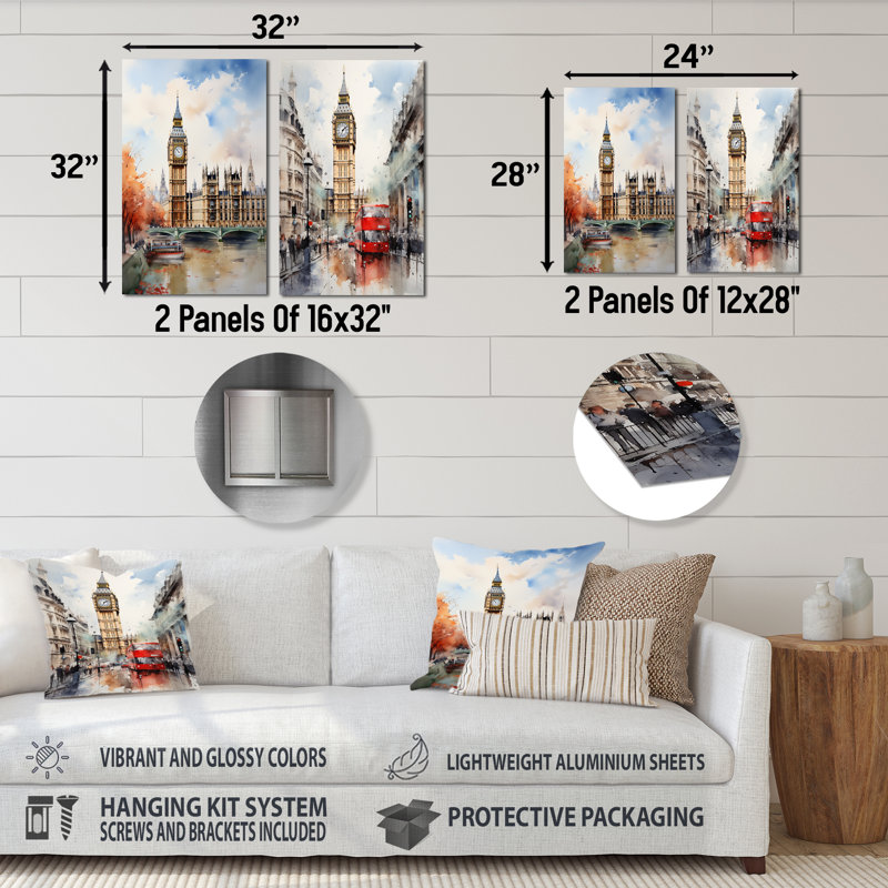 Big Benlondon Skylines I - London Skyline, ensemble de 2 impressions sur métal, H 28 po x l 24 po