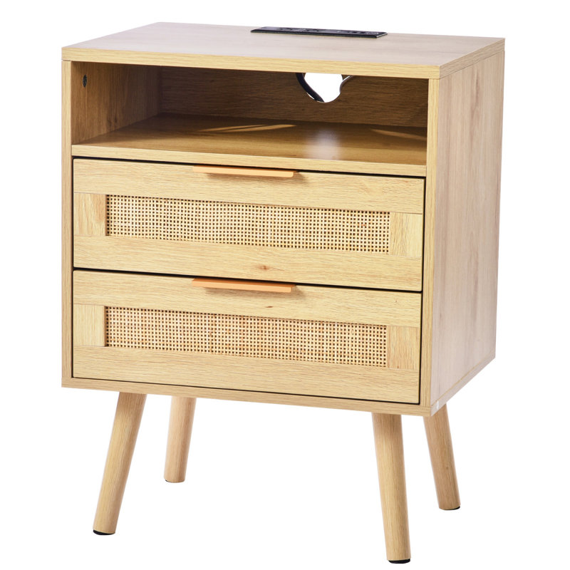 Table de chevet en rotin, table de chevet Boho avec tablette ouverte, table de chevet en bois avec table de bout en rotin et pieds en bois massif, table d'appoint en rotin avec station de charge, pour chambre à coucher, bureau et salon